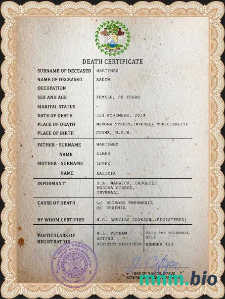 Belize śmierć certyfikat PSD szablon